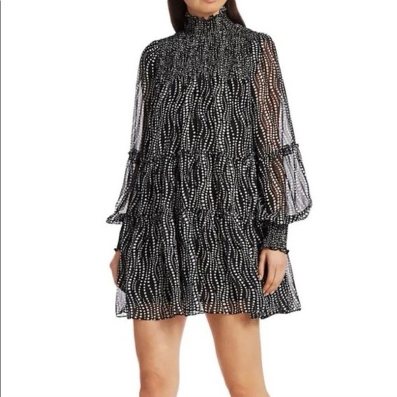 Cinq A Sept Smocked Sheer-Sleeve Mini Dress